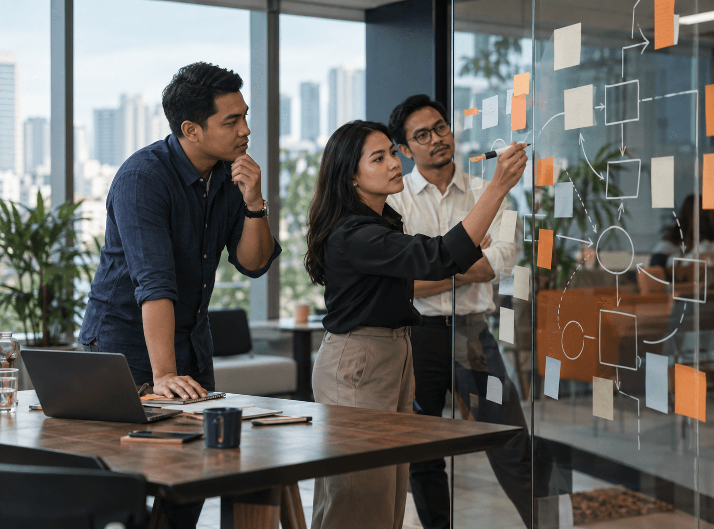Leadership team redesigning an operating process on a glass wall