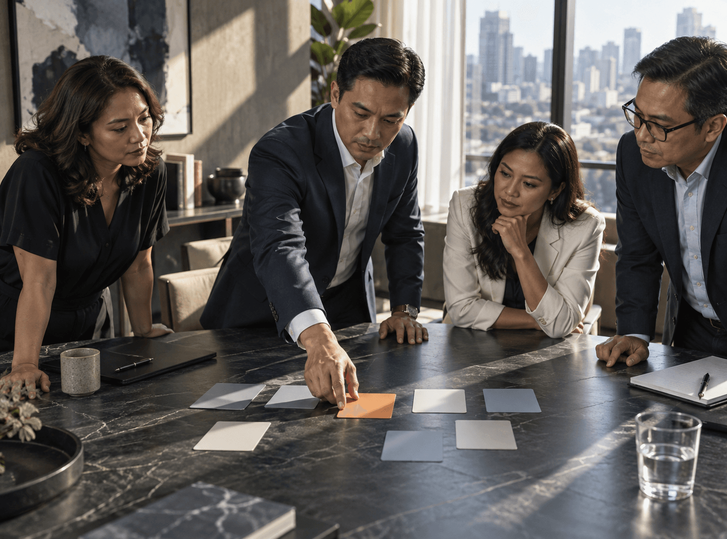 Leadership team selecting one strategic priority from several options